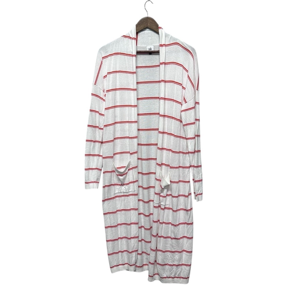 CABI Stroll Cardigan Sweater Pockets Casual Size M‎ White Striped Women Duster